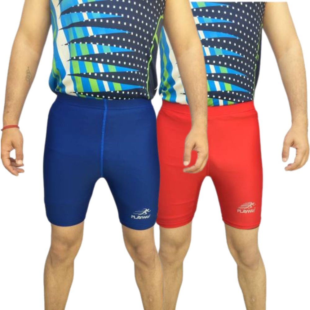 PLAYWAY Pack of 2 – Solid Red-Blue Skinny Fit Sports Shorts for Men/Women