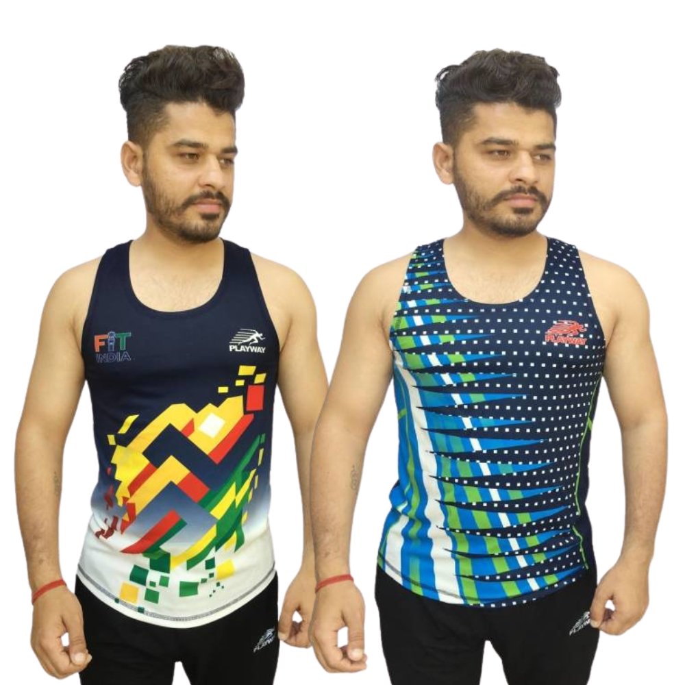 PLAYWAY Multicolor Round Neck Sleeveless Vests for Men – Pack of Two (Black, Dark Blue)