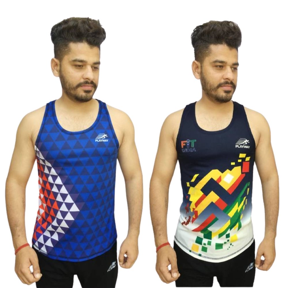 PLAYWAY Multicolor Round Neck Sleeveless Vests for Men – Pack of Two (Blue, Dark Blue)