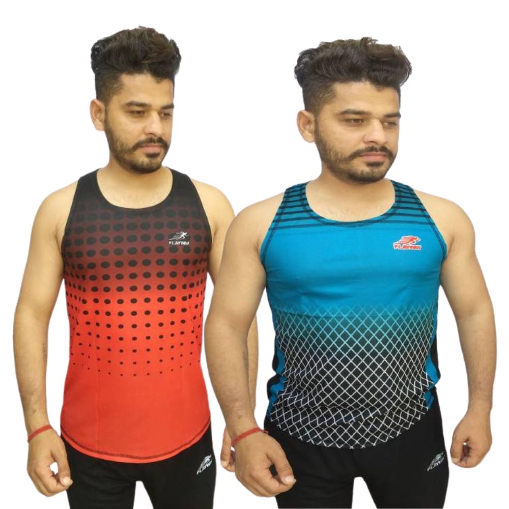 PLAYWAY Multicolor Round Neck Sleeveless Vests for Men – Pack of Two (Red, Light Blue)