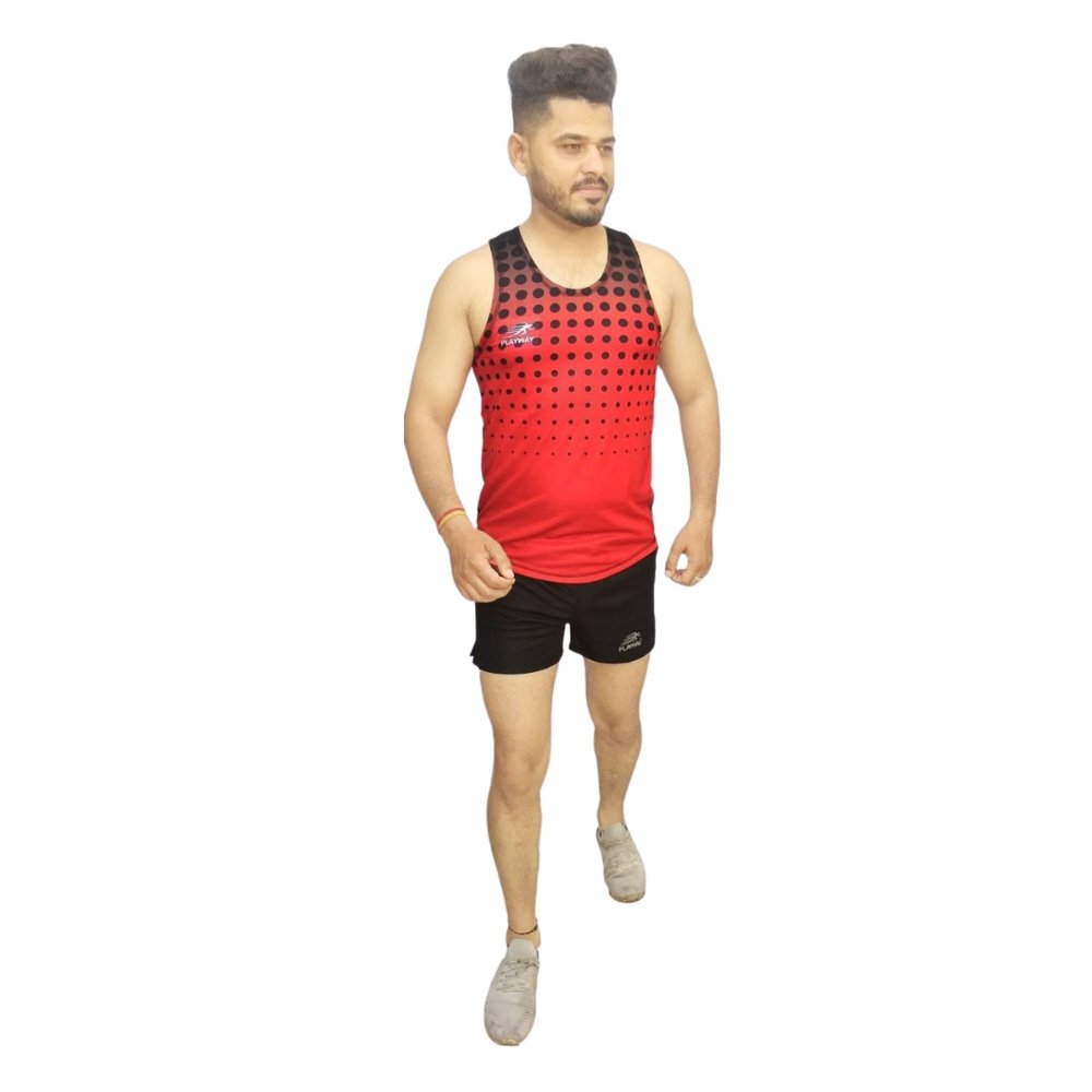 PLAYWAY Multicolor Round Neck Sleeveless Vests/Shorts Set for Men (Red, Black)