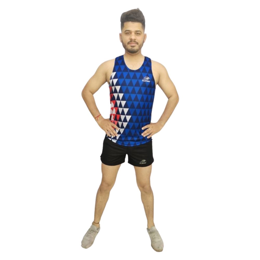 PLAYWAY Multicolor Round Neck Sleeveless Vests/Shorts Set for Men (Blue, Black)