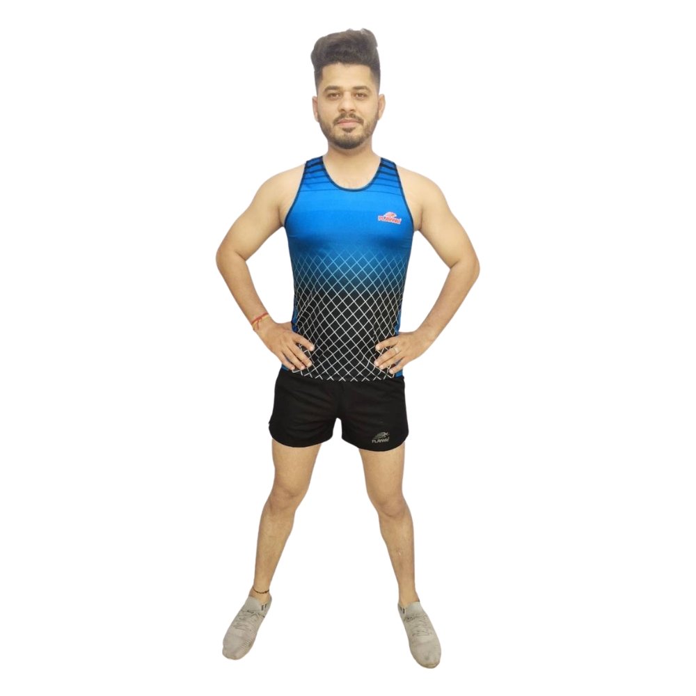 PLAYWAY Multicolor Round Neck Sleeveless Vests/Shorts Set for Men (Light Blue, Black)